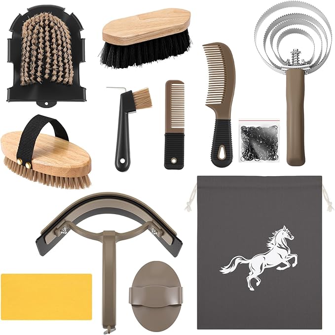 Abbylike 12 Pieces Horse Grooming Kit Racing Festival Tack Room Supplies Horse Brush Sets Equine Care Cleaning Kit Shedding Grooming Massaging Tools(Dark Gray)-Mewly Pet
