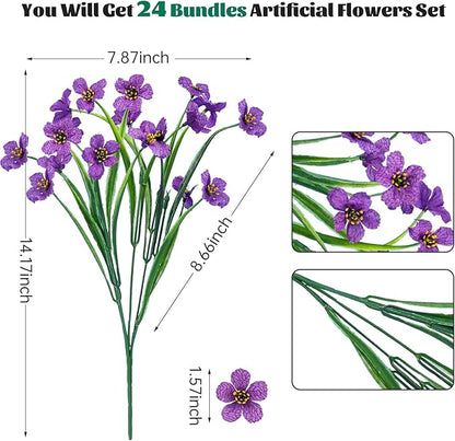 Lnoicy 24 Pcs Artificial Flowers for Outdoor,Plastic Flowers Decoration, UV Resistant Faux Flowers Shrubs, Artificial Plants for Indoor Outside Garden Home Wedding Farmhouse（Purple
