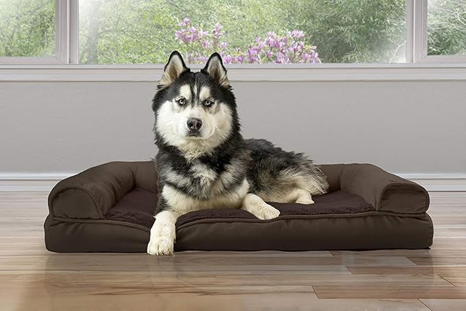 Furhaven Cooling Gel Dog Bed for Large Dogs w/ Removable Bolsters & Washable Cover, For Dogs Up to 95 lbs - Plush & Suede Sofa - Espresso, Jumbo/XL-Mewly Pet