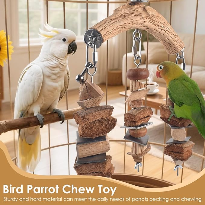 Bird Parrot Toys, Large Birds Wooden Chew Blocks with Stainless Steel Cage Hanging Bite Toy for Macaws, African Greys, Cokatoos, Amazon Parrots and Small Medium Parakeets-Mewly Pet