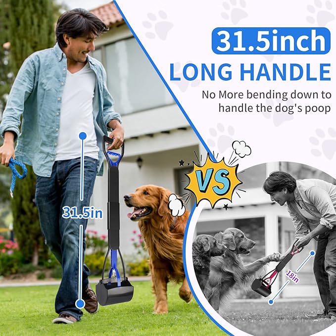 UPSKY 32'' Pooper Scooper for Large Small Dogs, Long Handle Dog Poop Scooper with Waste Bags, Portable Dog Poop Pick Up Tool, Folding Poop Scoop for Yard, Grass, Dirt, Gravel Blue-Mewly Pet