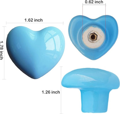 Ceramic Drawer Knobs Heart Shape Cabinet Dresser Pulls Handles with 3 Sized Screws, Kitchen Furniture Knobs for Closet Cupboard Wardrobe (6 Pack, Blue)