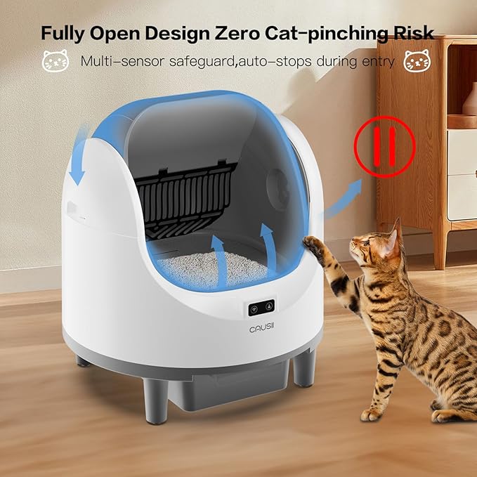Automatic Litter Box, [Safe Anti-Pinch] CAUSII Large Capacity Self-Cleaning Cat Litter Box for Multiple Cats, App Control, Quiet & Odor-Free,for 3.5-24.2LB, with 30PCS Garbage Bags,Litter Mat-Mewly Pet