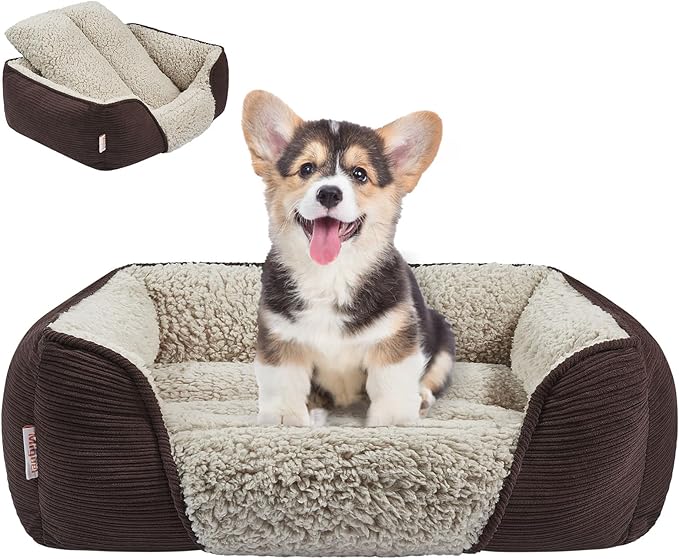 Miguel Washable Dog Bed with Removable Cushion for Small Dogs, Easy to Wash Pet Sofa Bed with Side, Rectangle Bolster Cat Bed Calming Cuddle Puppy Bed with Anti-Slip Bottom, Dark Brown 20 Inch-Mewly Pet