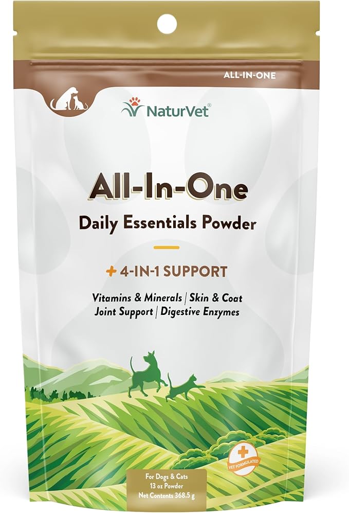 NaturVet All-in-One Dog Supplement - for Joint Support, Digestion, Skin, Coat Care – Dog Multivitamins with Minerals, Omega-3, 6, 9 – Wheat-Free Vitamins for Dogs – 13-Ounce Powder-Mewly Pet
