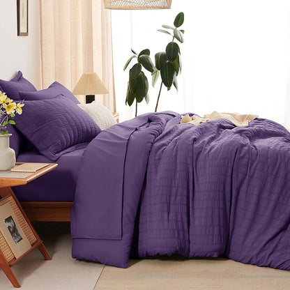 CozyLux King Size Comforter Set Purple Seersucker 7 Pieces Bed in a Bag King Comforter Set with Sheets, Luxury Soft Bedding Set with Down Alternative Comforter, Sheets, Pillowcases & Shams All Seasons