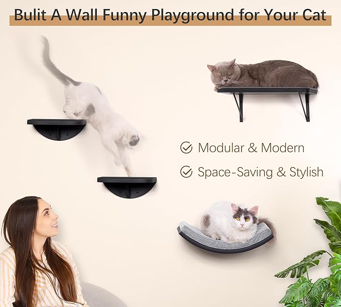 2-Piece Cat Wall Steps with Grey Felt Pads, Floating Cat Wall Perches and Climbing Steps, Wall Mounted Shelf for Small and Large Cats-Mewly Pet