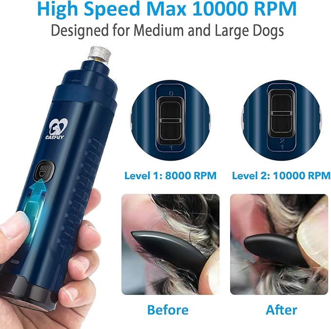 Casfuy Dog Nail Grinder with 2 LED Light - 4.8V Super Powerful 2-Speed Electric Pet Nail Trimmer for Medium Large Dogs Quiet Rechargeable Painless Paws Grooming & Smoothing Tool (Dark Blue)-Mewly Pet