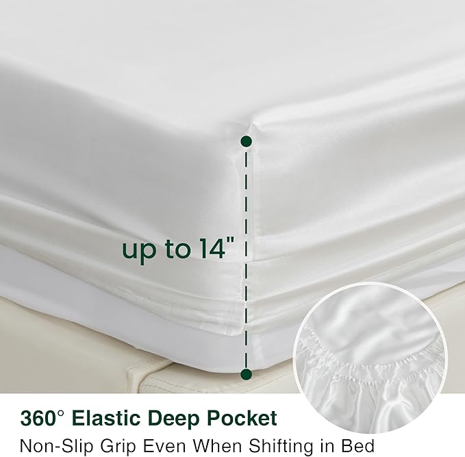 Love's cabin Satin Queen Sheets Set - 4 Piece White Silky Bed Sheets with Deep Pocket, Luxury Silk Feel Satin Queen Size Sheet Set (1 Flat Sheet,1 Fitted Sheet,2 Pillow Cases)