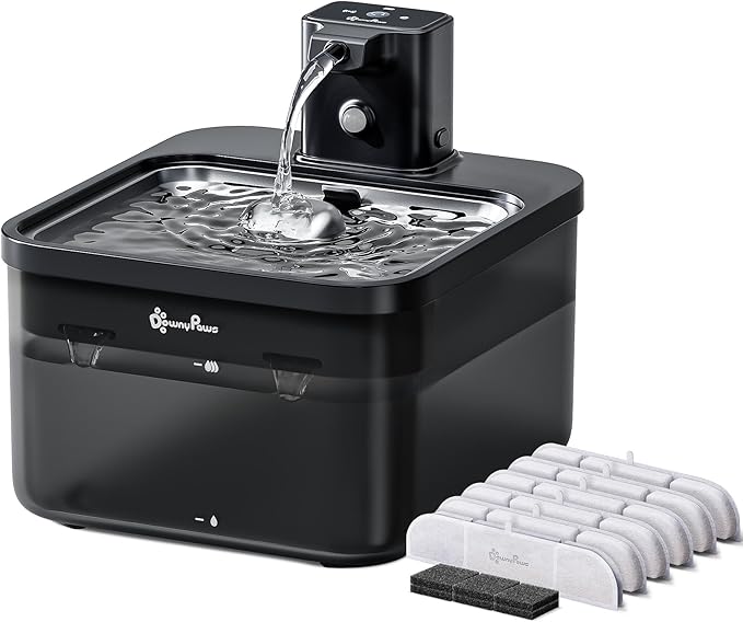 DownyPaws Cat Water Fountain Stainless Steel Cordless, 84oz/2.5L Fursink Wireless Pet Water Fountains for Cats Indoor, Battery Operated Cat Drinking Fountain, BPA-Free, Black with 6 Filters-Mewly Pet