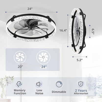 LEDIARY 2 Pack 24 Inch Modern Ceiling Fans with Lights and Remote, Dimmable Flush Mount Ceiling Fan, Black Low Profile Ceiling Fan with 3 CCT and 6 Speeds