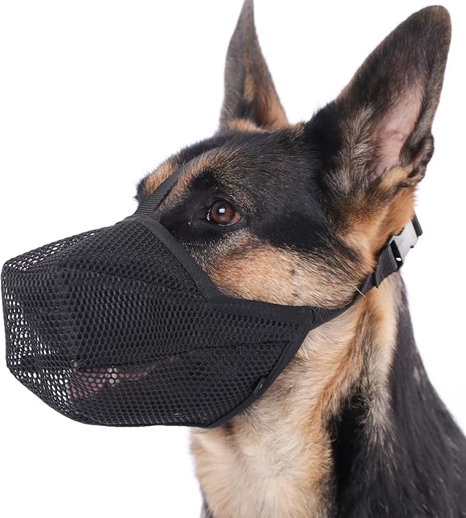 Mayerzon Dog Muzzle, Patented Soft Mesh Muzzle for Small Medium Large Dogs for Scavenging Biting Licking and Chewing, Allows to Pant and Drink (L, Black)-Mewly Pet