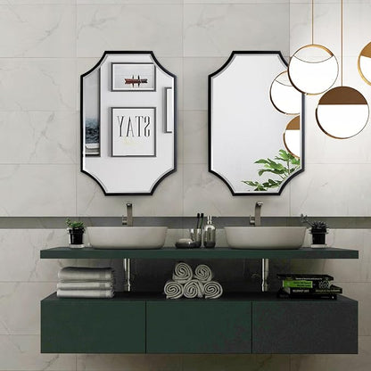 Kelly Miller 30"x40" Large Black Bathroom Mirror for Wall, Gold Scalloped Vanity Mirror Bevelled Framed Decorative Mirror for Master Bath Half Bath Entrance Hallway Fireplace Bedroom Living Room
