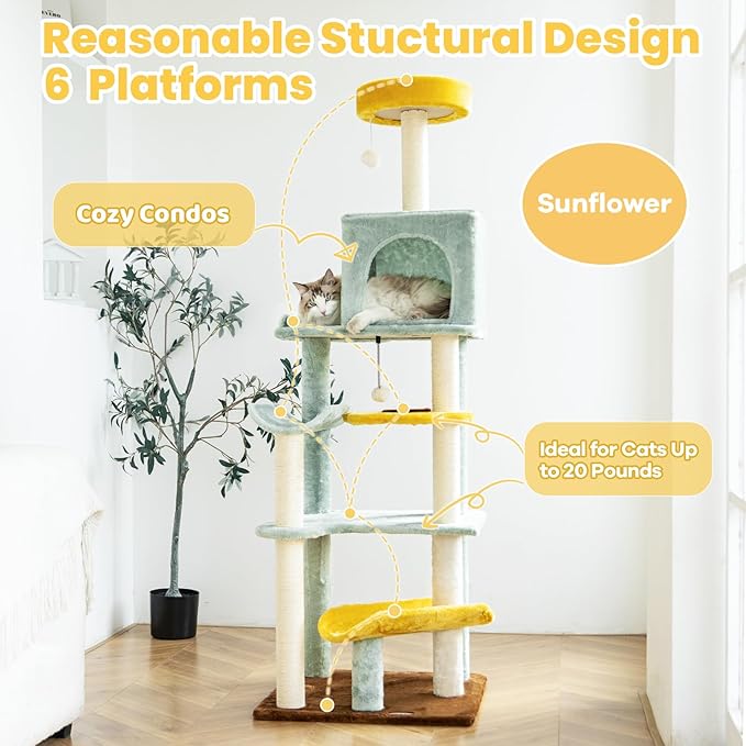 HYABi 65.5 Inch Sunflower Cat Tree Tower Multi-Level Cat Condo with Plush Scratching Posts, Toy Balls, and Pet House, Indoor Play Platform for Large Adult Cats, Cute Sunflower Design-Mewly Pet
