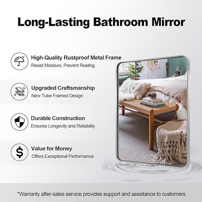 ANDY STAR 40”X30” Chrome Bathroom Mirror, Polished Chrome Bathroom Vanity Mirror, Rounded Rectangle Mirrors for Wall, SUS304 Anti-Rust Tube Metal Frame, Wall Mounted Horizontal/Vertical 1’’ Deep