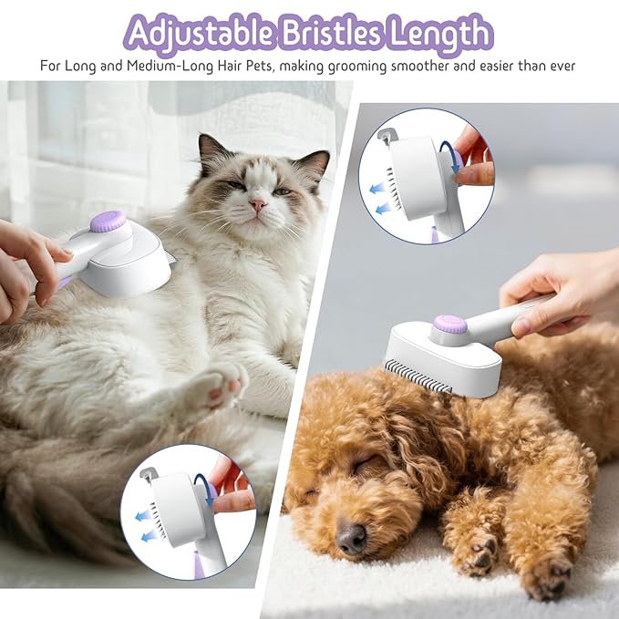 Self Cleaning Slicker Brush, 2-in-1 Cat Brush for Shedding, Skin Friendly Grooming Tool for Long & Medium-Long Hair Pets, Adjustable Bristle Length with Dematting Comb for Cats, Dogs (Purple)-Mewly Pet
