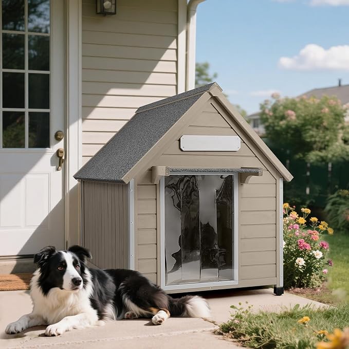 Large Dog House Outdoor Weatherproof, Wooden Dog Kennel Shelter with Anti-Chewing Iron Frame, Removable Floor for Medium to Large Dogs, Easy Clean and Assemble (30.5" L*37.4" W*39.3" H)-Mewly Pet