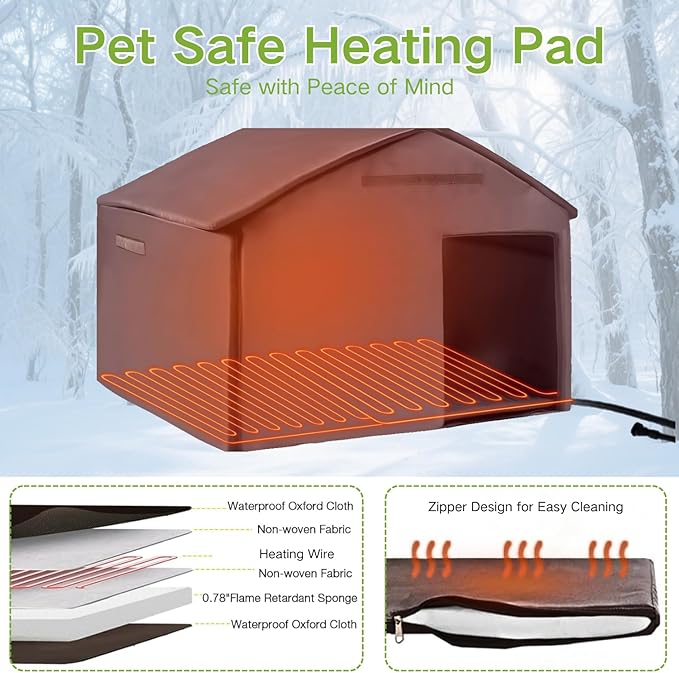 Heated Dog House Outdoor with Bowls Weatherproof Dog Kennel with Heating Pad Anti-Chewing Iron Frame Dog Shelter for Small Medium Dogs(Wooden Brown)-Mewly Pet