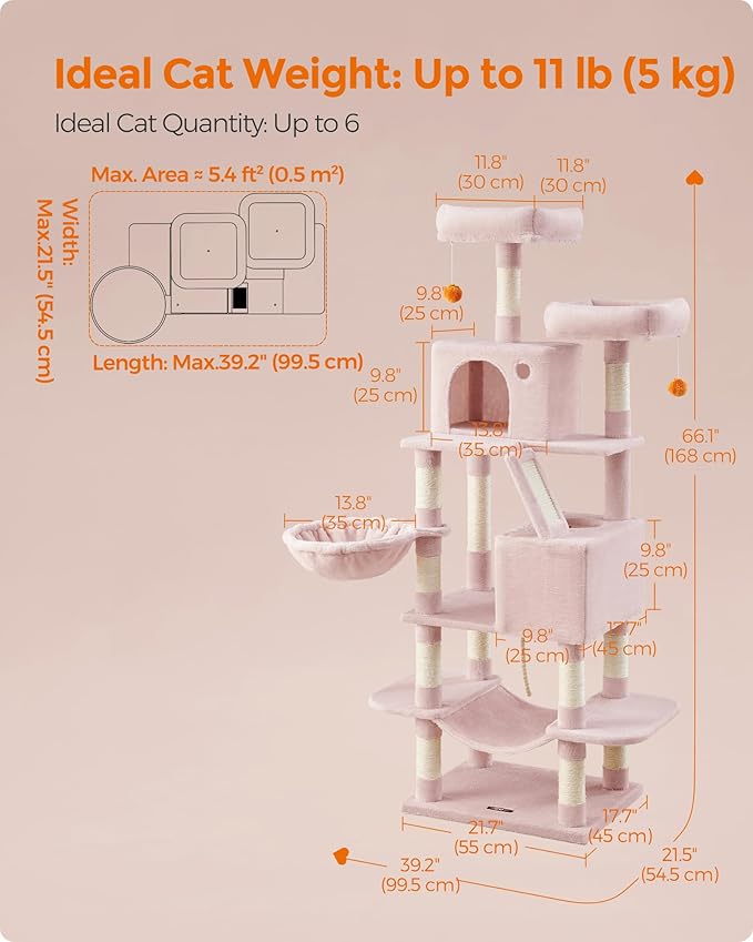 Feandrea Cat Tree, 66.1-Inch Large Cat Tower with 13 Scratching Posts, 2 Perches, 2 Caves, Basket, Hammock, Pompoms, Multi-Level Plush Cat Condo for Indoor Cats, Jelly Pink UPCT165P01-Mewly Pet
