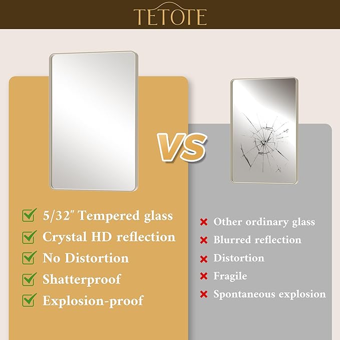 TETOTE Brushed Nickel Bathroom Mirror 48 x 24 Inch Brushed Nickel Metal Framed Bathroom Mirror, Tempered Glass, Modern Farmhouse Wall Mounted Mirror for Decorative(Horizontal/Vertical)