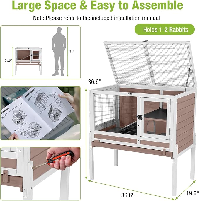 GUTINNEEN Rabbit Hutch Bunny House, 36.6" L Rabbit Cage with Anti Chewing Ramp, Guinea Pig Cage with Cooling Galvanized Sheet, Detachable Legs(Brown)-Mewly Pet