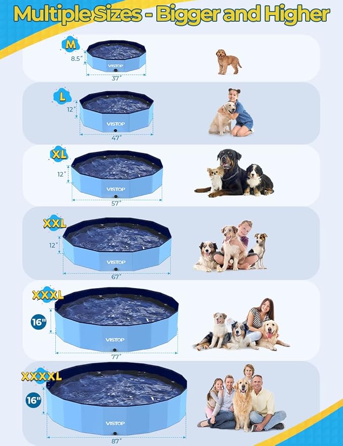 VISTOP Jumbo Foldable Dog Pool, Hard Plastic Shell Portable Swimming Pool for Dogs Cats and Kids Pet Puppy Bathing Tub Collapsible Kiddie Pool (97inch.D x 15.7inch.H, Blue)-Mewly Pet