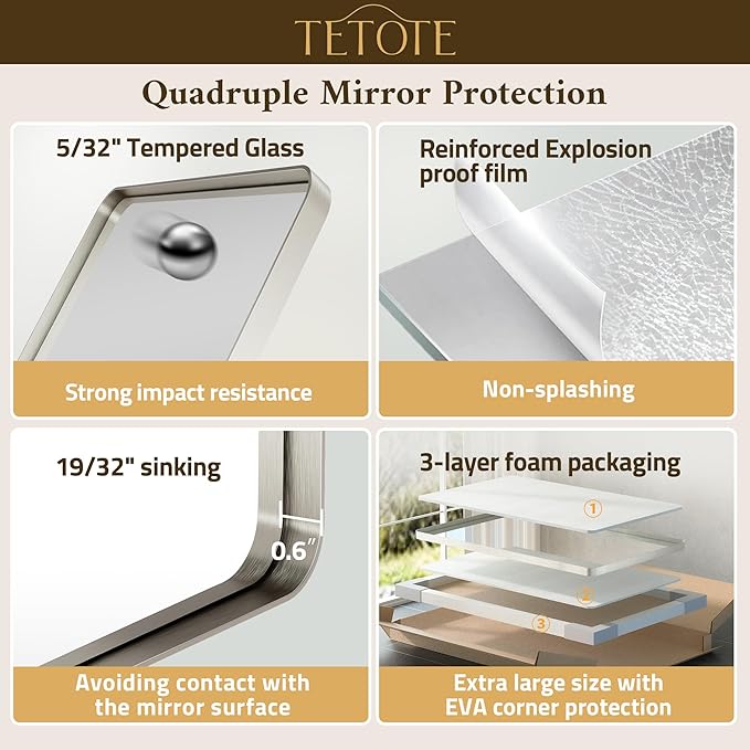 TETOTE Brushed Nickel Mirror 24 x 32 Inch Brushed Nickel Metal Framed Bathroom Mirror, Tempered Glass, Modern Farmhouse Wall Mounted Mirror for Decorative(Horizontal/Vertical)