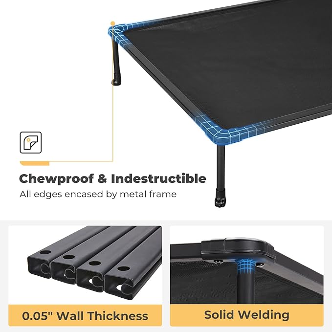 Veehoo Chewproof Elevated Dog Bed - Cooling Raised Pet Cot, Breathable Mesh, Washable & Non-Slip for Large Dogs, Indoor/Outdoor, Black Mat and Black Frame, 49x33inches (Model CWC2203A03)-Mewly Pet