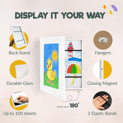 Zenacolor Kids Artwork Frames Changeable - Front-Opening to Display & Store 100 pcs - Set of 3 Kids Art Frame Includes Wall Hooks & Stand - 10x12.5cm - White