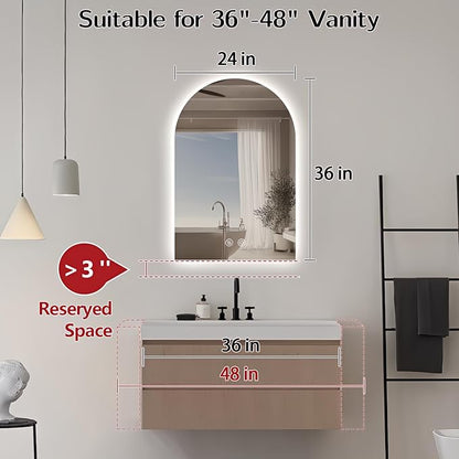 Niccy Arched LED Bathroom Mirror, 36x24 Inch Arch Frameless Backlit Mirrors for Wall Arched Lighted Vanity Mirrors Defogger and 3 Color, Explosion-Proof, HD Glass and IP65 Waterproof