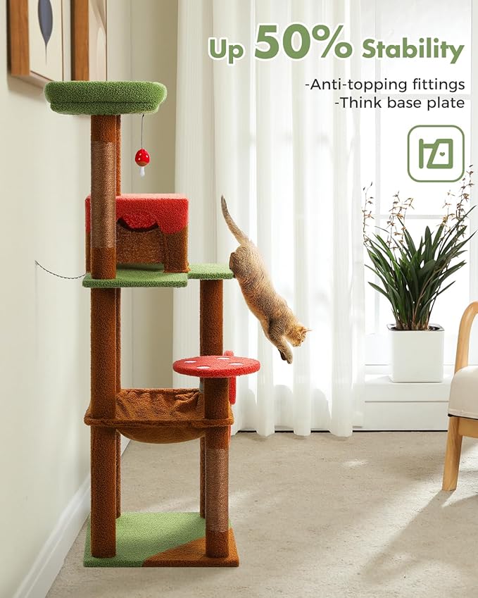 Mushroom Cat Tree Tower with Removable Scratcher, Large Hammock, Condo, Perch, 3 Sisal Posts – Multi-Level Cat Tree for Indoor Cats, Cute Cat Tower for Small Space Homes-Mewly Pet