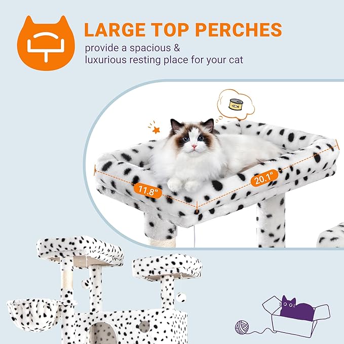Allewie 81 Inches Tall Cat Tree/Multi-Level Large Climbing Tree House and Towers for Big Feline/Condo and Hammock/Scratching Post/Wide Base/White & Black Spot-Mewly Pet