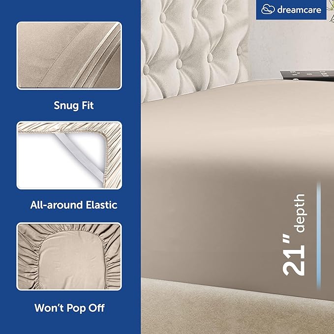 DREAMCARE Queen Sheet Set – 4 pcs Cooling Sheets – up to 21” Extra Deep Pocket Queen Sheets – Hotel Luxury Sheets & Pillowcases – Superior Softness 100% Microfiber with Side Pocket - Beige