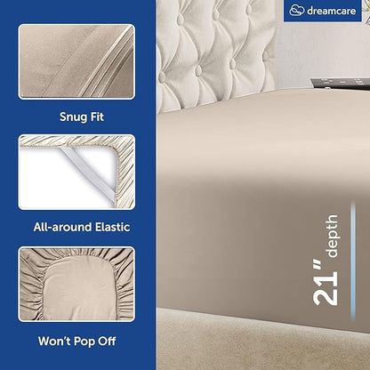 DREAMCARE King Size Sheets Set – 4 pcs Cooling Sheets – up to 21” Deep Pocket King Sheet Set – Hotel Luxury Sheets & Pillowcases – Superior Softness 100% Microfiber with Side Pocket - Beige