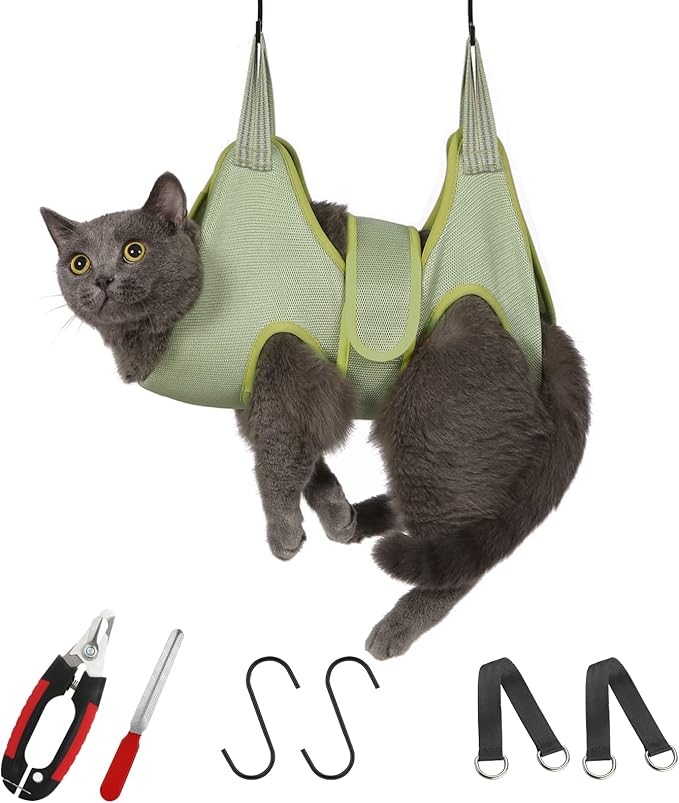 Guzekier Pet Hammock Harness for Cats & Dogs, Sling for Grooming, Restraint Bag with Nail Clippers/Trimmer, Comb, Ear/Eye Care-Mewly Pet