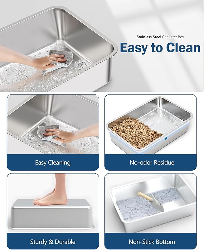 Stainless Steel Sifting Litter Box with Lid, Metal Litter Pan with Scoop for Big Cats Multi Cat, Extra Large Cats Litterbox Odor Control Easy Clean (24 * 16 * 12inch-with Enclosure, X-Large)-Mewly Pet