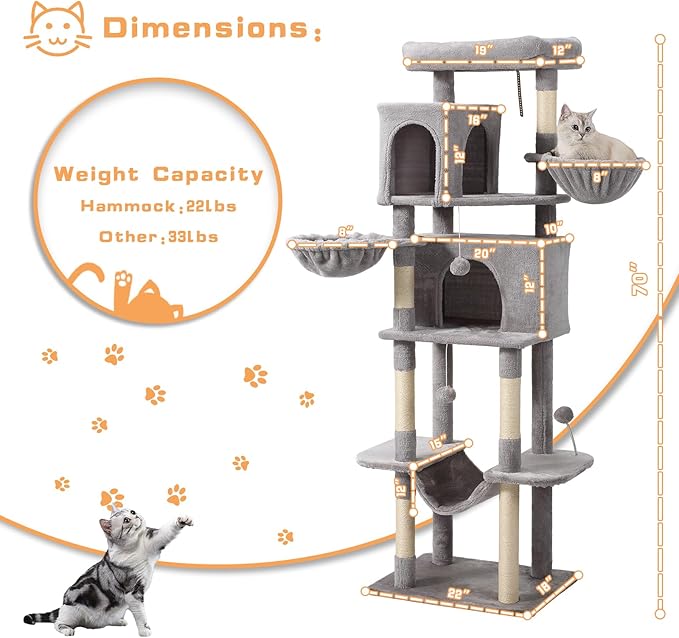 70-Inch Cat Tree,Large Cat Tree Tower with Hammock, Scratching Post, Condo and Multi-Level Cat Tower for Large Cats, Cat Activity Center Playhouse, Light Gray LCT016-Mewly Pet