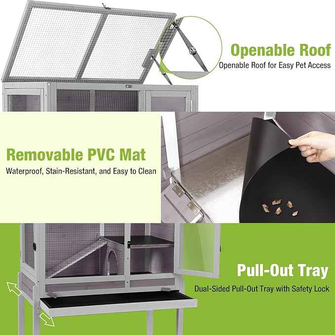 GUTINNEEN Rabbit Hutch Bunny House, 36.6" L Rabbit Cage with Anti Chewing Ramp, Guinea Pig Cage with Cooling Galvanized Sheet, Detachable Legs(Grey)-Mewly Pet