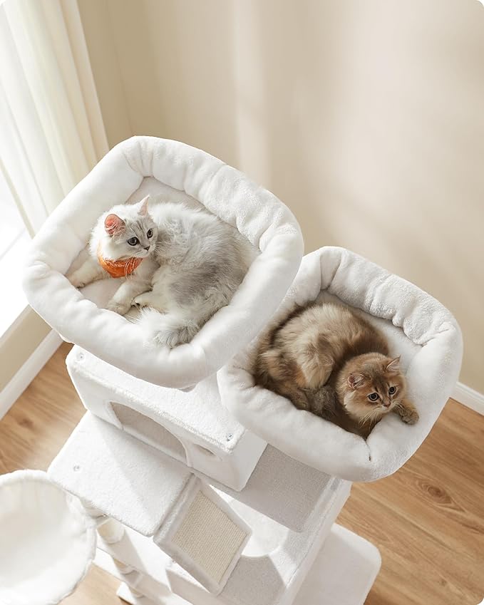 Feandrea Cat Tree, 81.1-Inch Large Cat Tower with 13 Scratching Posts, 2 Perches, 2 Caves, Basket, Hammock, Pompoms, Multi-Level Plush Cat Condo for Indoor Cats, Cream White UPCT190T01-Mewly Pet