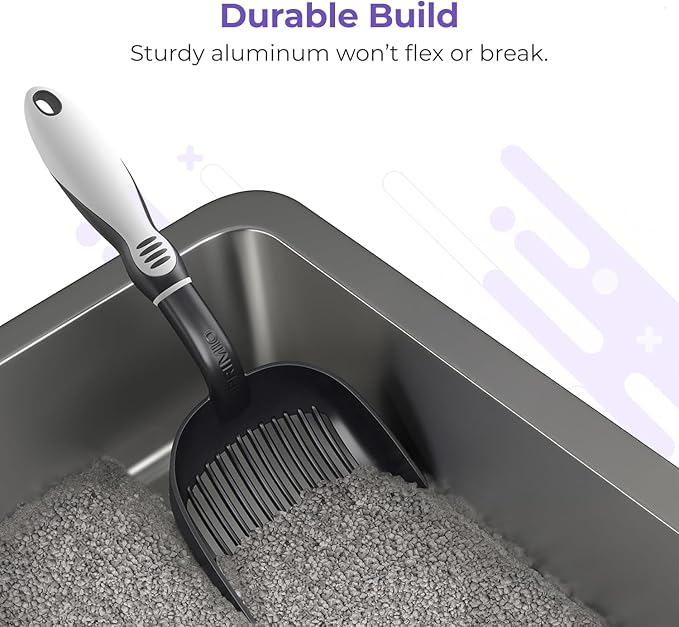 iPrimio Cat Litter Scoop Metal w/ Deep Shovel, Black - Non Stick Plated Aluminum Cat Litter Scooper with Holder - Litter Box Scooper - Metal Cat Litter Scoop - Patented Sifter w/ Holder - Solid Handle-Mewly Pet