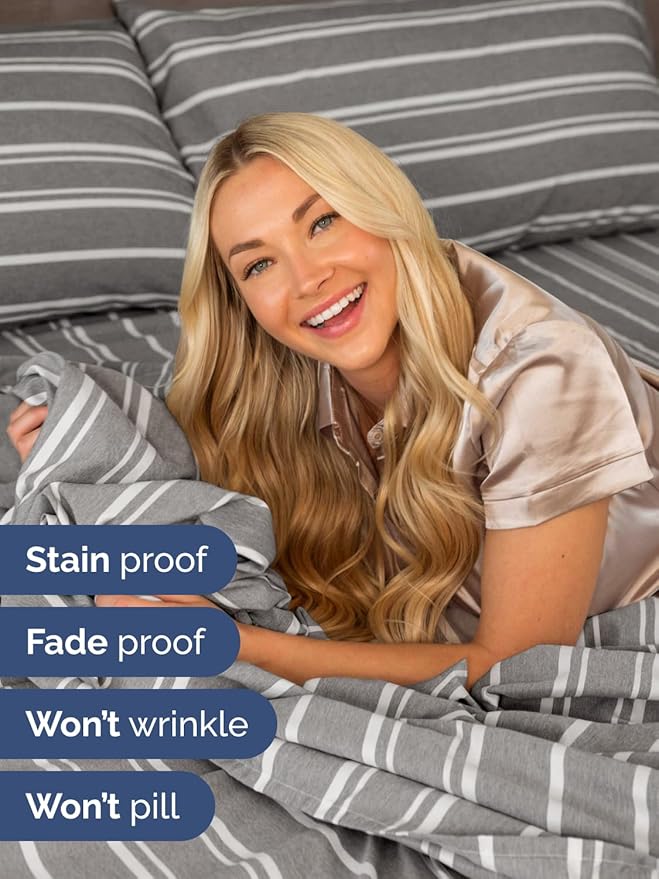 Extra Deep Twin Sheet Set - 4 Piece Breathable and Cooling Sheets - Hotel Luxury Bed Sheets Set - Easy Fit - Soft, Wrinkle Free and Comfy Sheets Set - Grey Striped Sheet Set with Extra Deep Pockets