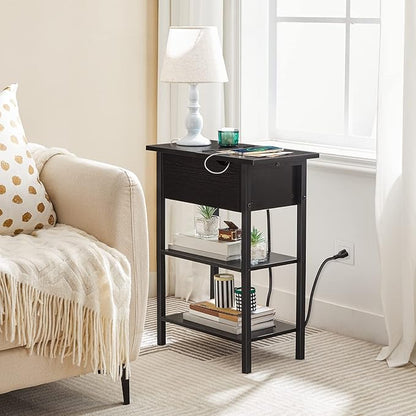 HOOBRO Side Table, Flip End Table with Charging Station and Shelves, USB Ports & Power Outlets, Narrow Nightstand for Small Spaces, Stable and Sturdy, for Living Room, Black BK341BZ01