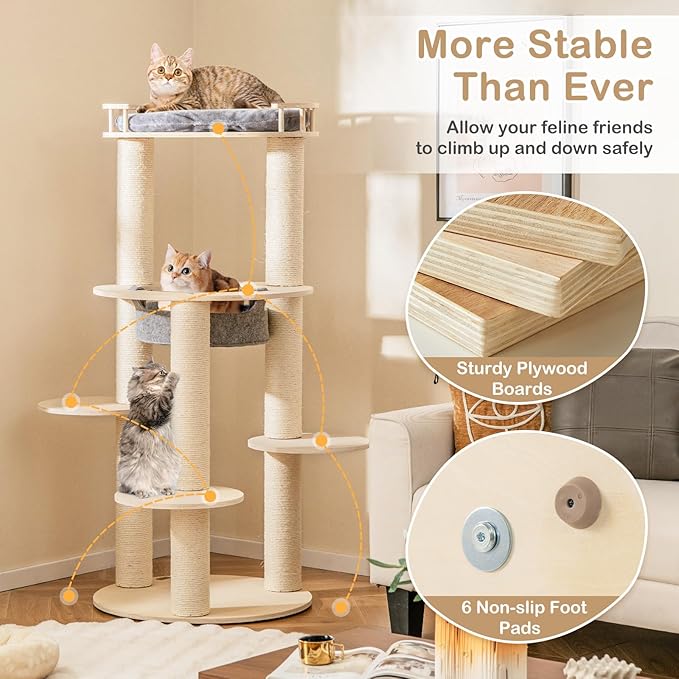 Tangkula Wood Cat Tree, 59 Inch Multi-Level Cat Tower with Top Padded Perch, Hammock, 3 Platforms & Sisal Scratching Posts, Large Modern Cat Tree Tower for Indoor Cats Kittens (59 Inch)-Mewly Pet