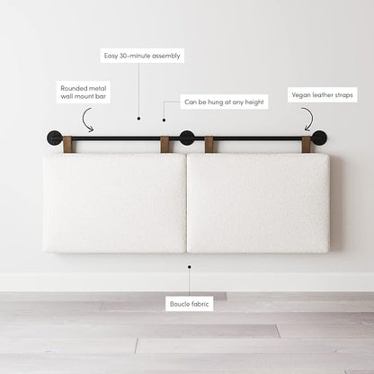 Nathan James Charlie Wall Mount Hanging Upholstered Headboard, Queen, White Boucle with Brown Faux Leather Straps