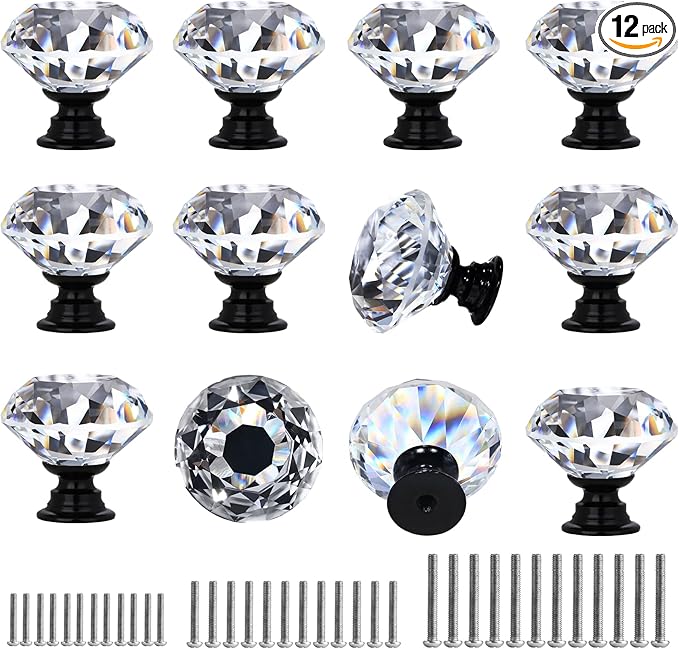 DEELF 12 Packs Kitchen Cabinet Knobs, 40 mm Crystal Cabinet Knobs, Diamond Dresser Handle Drawer Pulls, Dresser Knobs for Cabinets and Drawers, Black Base