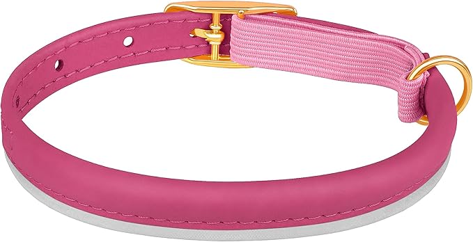 OOPSDOGGY Rolled Leather Cat Collar with Bell - Reflective Kitten Collar with Safety Elastic Strap - Adjustable Small Pet Collars for Boy Girl Cats (Fuchsia)-Mewly Pet