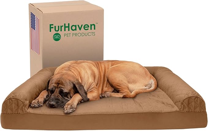 Furhaven Cooling Gel Dog Bed for Large Dogs w/ Removable Bolsters & Washable Cover, For Dogs Up to 125 lbs - Quilted Sofa - Toasted Brown, Jumbo Plus/XXL-Mewly Pet