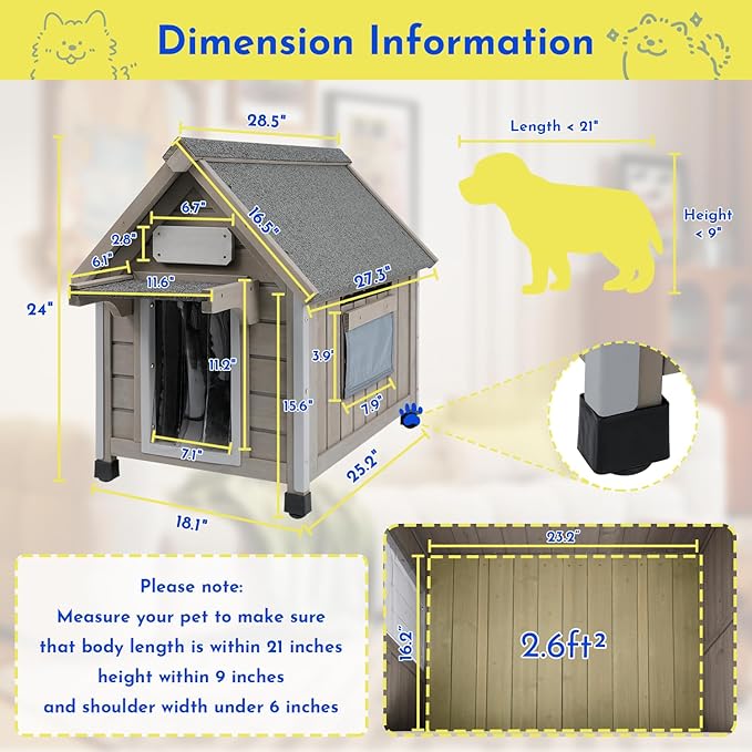 Outdoor Dog House Weatherproof Large Wooden Dog Kennel Indoor for Small Dogs with Chew-Proof Frame, Oxford Fabric Window, Removable Floor Pet Shelter (Grey, 18.1" D x 25.2" W x 24" H)-Mewly Pet