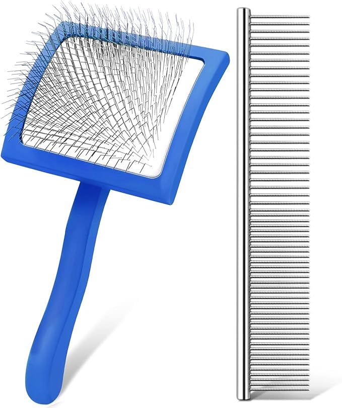 Slicker Brush for Dogs, Long Pin Dog Grooming Brush for Goldendoodles, Poodles, Doodles & More, Includes Bonus Pet Comb, Perfect for De-Shedding, Dematting & Reducing Tangles. Large, Blue-Mewly Pet