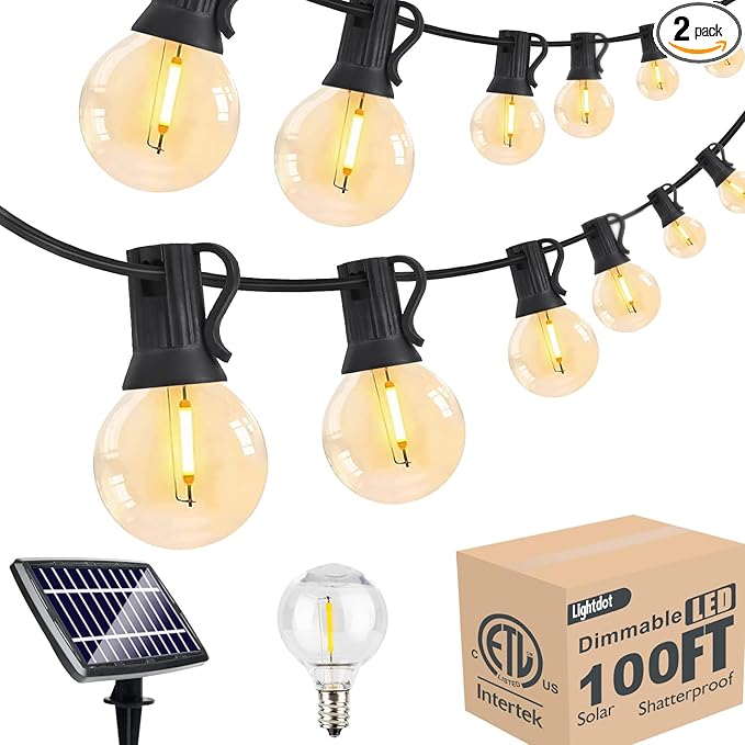 Lightdot 100FT Solar Outdoor String Lights, Waterproof Cafe Patio Lights with Shatterproof LED Bulbs, 2700K Warm White, Create Bistro Ambience On Your Garden Gazebo Backyard Decorative